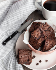 Chewy chocolate chip brownies with coffee