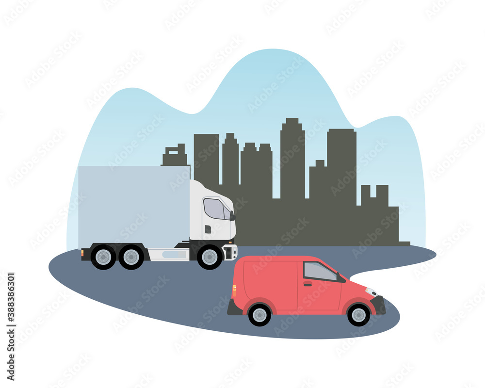 Poster white truck and red van vehicle transport isolated icon