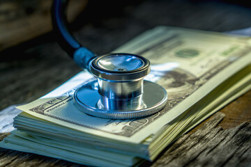 Financial analysis, auditing or business concept. Symbolic image of US Dollar banknotes with...