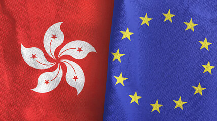 European Union and Hong Kong two flags textile cloth 3D rendering