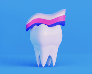 clean white healthy strong molar with toothpaste up. 3d illustration