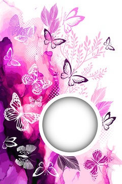 White butterflies on a watercolor Violet background. Round frame for text. With love. Vector illustration