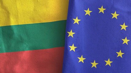 European Union and Lithuania two flags textile cloth 3D rendering