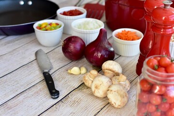 Fresh organic healthy ingredients ready for preparing homemade stews and soups for family meals to eat 