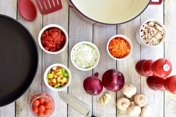 Fresh organic healthy ingredients ready for preparing homemade stews and soups for family meals to eat 