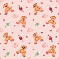 Seamless pattern with cute little bears, candies and marshmallow on a light peach background. Watercolor painted elements. Nice design for kids and holidays. 