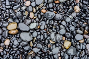 Lot of round grey wet stones on a pebble beach