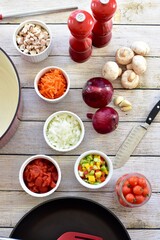Fresh organic healthy ingredients ready for preparing homemade stews and soups for family meals to eat 