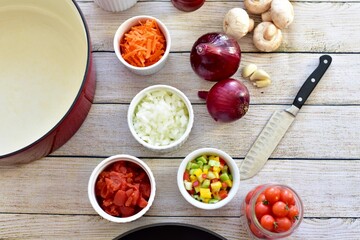 Fresh organic healthy ingredients ready for preparing homemade stews and soups for family meals to eat 