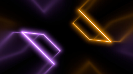 A dark corridor lit by colorful neon lights. Reflections on the floor and walls. 3d rendering image.