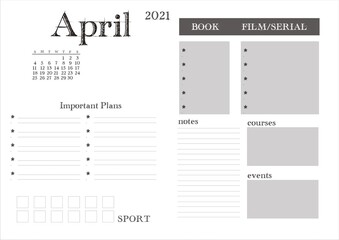 Planner for 2021. Month planner on April