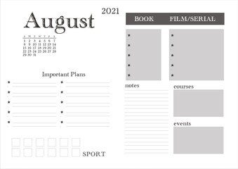 Planner for 2021. Month planner on August.