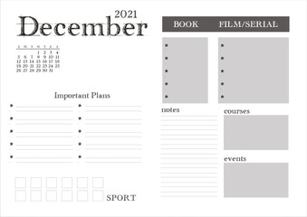Planner for 2021. Month planner on December