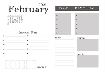 Planner for 2021. Monthly planning on February