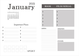 Planner for 2021. Month planning on January.