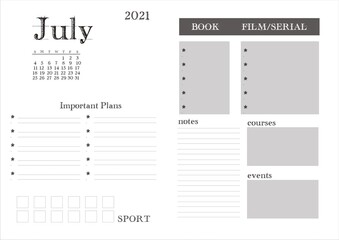 Planner for 2021. Monthly planning on July