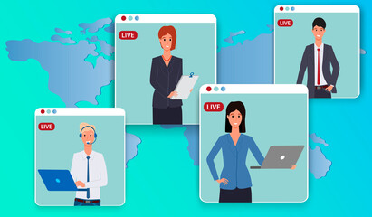 International online negotiations.People communicate with each other online against the background of a map of the earth.Online meeting under quarantine.Flat vector illustration.