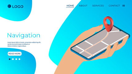 Navigation.Hand holding a smartphone with a GPS Navigator.City map with a large dot marker.Determining the exact location in space.Isometric vector illustration.