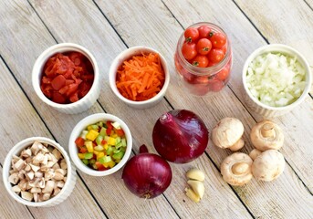 Fresh organic healthy ingredients ready for preparing homemade stews and soups for family meals to eat 