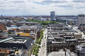 Panoramic view of Copenhagen city in sunny day from the City hall tower. Copenhagen, Denmark.