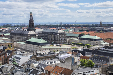 Naklejka na ściany i meble Panoramic view of Copenhagen city in sunny day from the City hall tower. Copenhagen, Denmark.