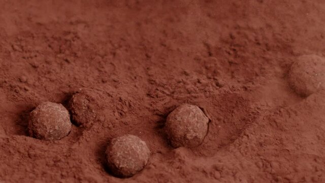 Organic hand-crafted chocolate truffles falling down in cocoa powder making amaizing splash, close-up, slow motion. Natural delicious dessert, candymaking, homemade sweets production, confectionery