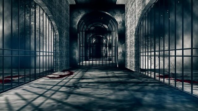 Creepy Haunted Prison Corridor with Smoke,blood spatter and scary shadows