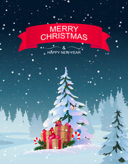 Merry Christmas illustration with snow forest, glowing fir tree and gift boxes.