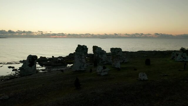 Island of Gotland, Sweden. Flying above rauks limestones during sunset