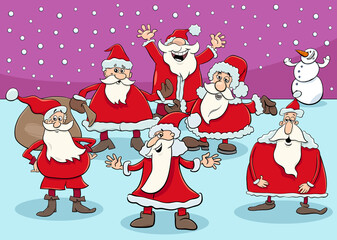 happy Santa Claus cartoon characters group on Christmas time
