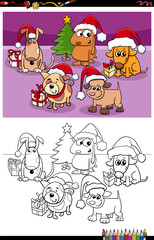 cartoon dogs group on Christmas time coloring book page