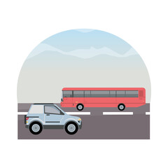 white camper and red bus vehicles mockup icon