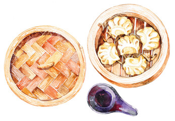 Dim sum. Black and white linear graphic. Ink hand drawing. Asian food. Chinese cuisine. Hand drawn illustration. Menu for cafe, restaurant, street festival, farmers market, poster, banner, sticker.