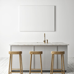 Mockup the kitchen with a horizontal blank poster, Scandinavian design, 3d render, 3d illustration