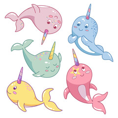 Cute seamless pattern with cartoon narwhal 