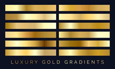 Luxury Gold Gradient Set. Collection set of metallic festive gold vector gradients. Good for luxury christmas cards, invitations, backgrounds, borders - 388393127