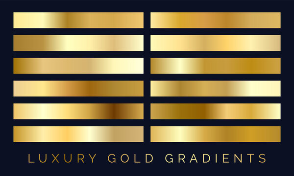 Luxury Gold Gradient Set. Collection set of metallic festive gold vector gradients. Good for luxury christmas cards, invitations, backgrounds, borders