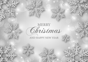 christmas greeting card with silver glitter snowflakes 