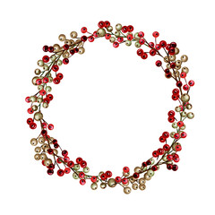 Christmas wreath with winter red gold berries. Watercolor holiday border illustration isolated on white background. Xmas decoration frame. Greeting card design concept