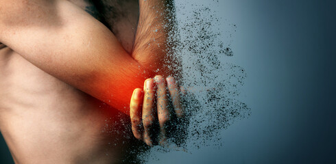 The man is holding hands. Elbow pain