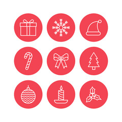 Christmas Icon Set. Festive set of Icons. Modern circle icons for Christmas Xmas Festivities. Vector Decoration Symbols. Present, Snowflake, Santa hat, Christmas Tree, Candy Cane, Bauble etc.
