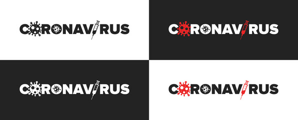 Coronavirus Covid-19 Logo with Text and Icons. Covid19 Bacteria Cell and Vaccine Syringe Illustration Icon Logo Banner Vector