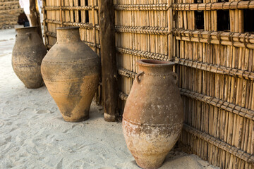 Old historical jugs, clay pitchers from Dubai museum