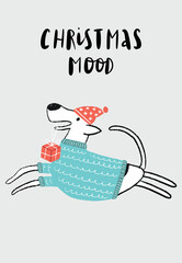 Christmas Mood - New Year poster with white running dog with gift box and santa hat. - 388396134