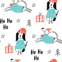 Ho ho ho - Christmas seamless pattern with dogs in santa hat, gift box and lettering. - 388396301
