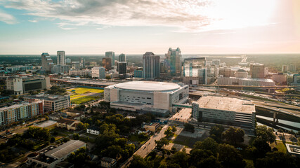 "Orlando, FL / USA - 08-31-2020: Aerial view of the Orlando magic arena in Downtown Orlando."