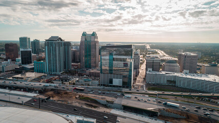 "Orlando, FL / USA - 08-31-2020: Aerial shot near the interstate in Downtown Orlando."	

