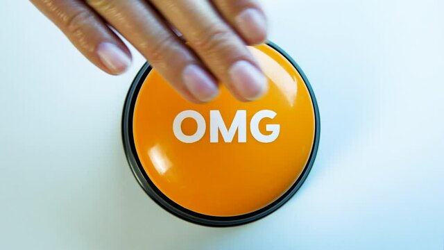 OMG! Oh my god, so excited and thrilled. Woman pushing orange glossy OMG button, shocked and surprised by unexpected things. Expressing surprise and astonishment. Abbreviation, slang for social media.