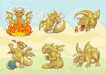 Obraz premium cute golden dragon stickers set, emotions and activities