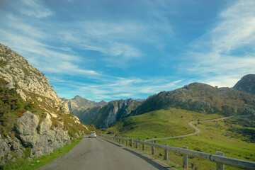 Route in Covadonga, panoramic view of the peaks of Europe in Covadonga, Spain